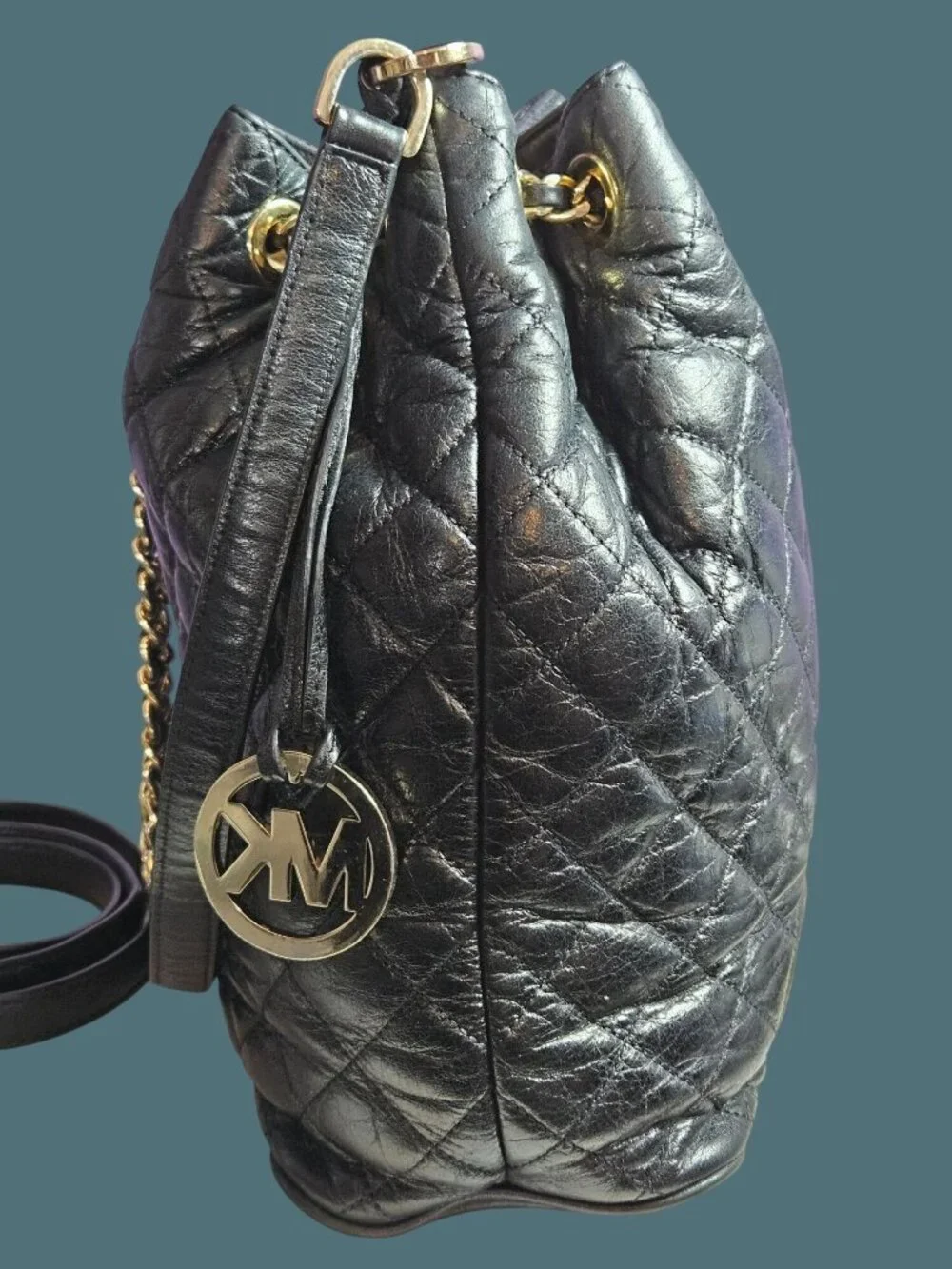 Michael Kors Frankie Black Leather Quilted Drawstring Convertible Bucket Bag
